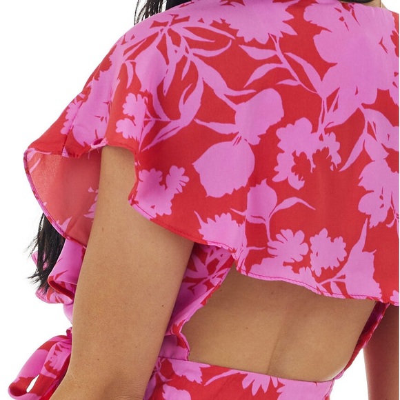 Do + Be Open Back Cutout Hot Pink & Red Floral Romper  Dress - Size S - Picture 9 of 12